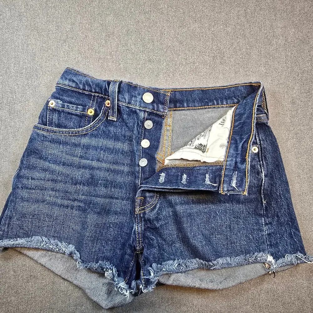 Levi’s 501 Shorts Womens Blue Denim High Rise Distressed Raw Hem Button Fly | 25